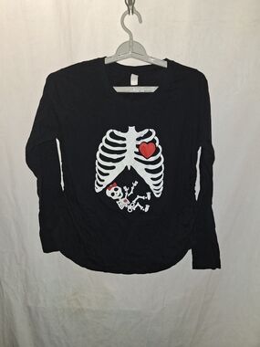 Women’s Black Skeleton Maternity Long-Sleeve Top with Red Heart